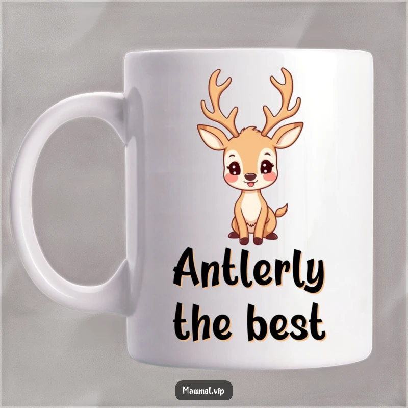 Funny Deer Mug: A happy deer character with large antlers striking a proud pose, majestic and cheerful.