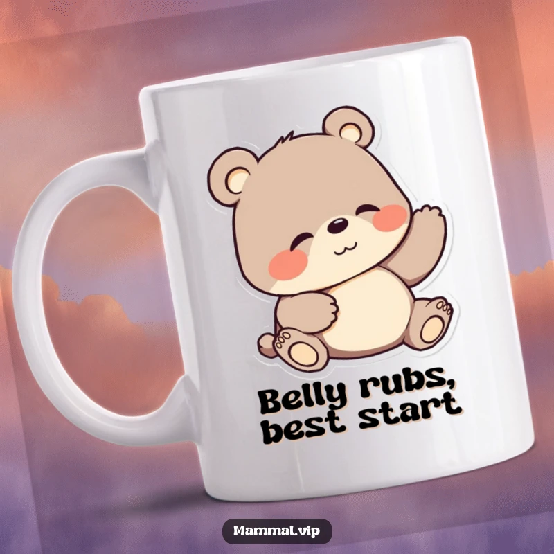 Funny mug featuring a cartoon bear with a big smile scratching its belly in pure bliss. A humorous depiction of contentment.