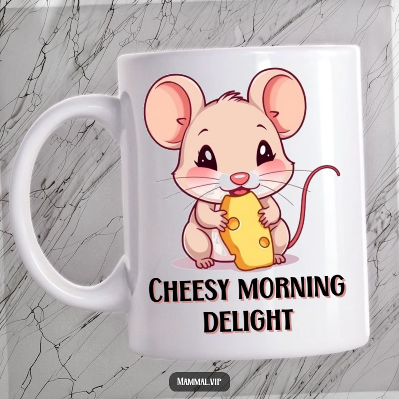 Funny mug featuring a cute mouse character happily nibbling on a wedge of cheese. Adorable rodent snack time humor.