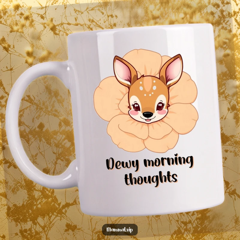Funny deer peeking from behind a flower mug, a curious character, perfect for gentle humor and a funny gift.