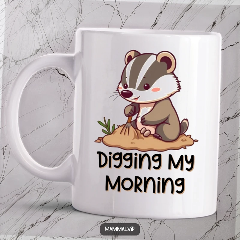 Funny energetic badger mug with a determined character digging enthusiastically in soft soil, showing passion and hard work.