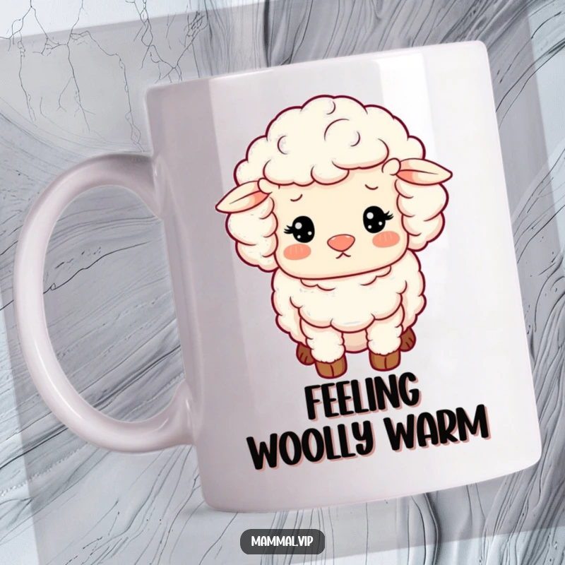 Funny Sheep Mug: A fluffy sheep character with woolly curls looking utterly content, peaceful and cozy.