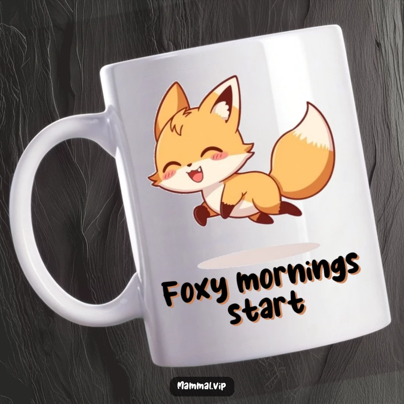 Funny playful fox character gleefully chasing its own tail in a circle on a mug, a humorous animal and pet lover gift.