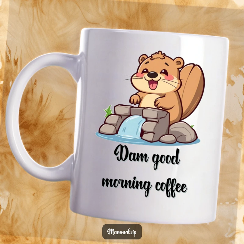 Funny beaver mug featuring a happy beaver enthusiastically constructing a dam with logs, showcasing industrious and joyful determination.