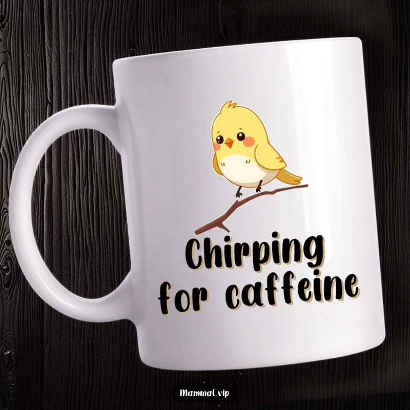 Funny mug with a chirpy bird character precariously balancing on a single skinny branch, evoking smiles and lightheartedness.