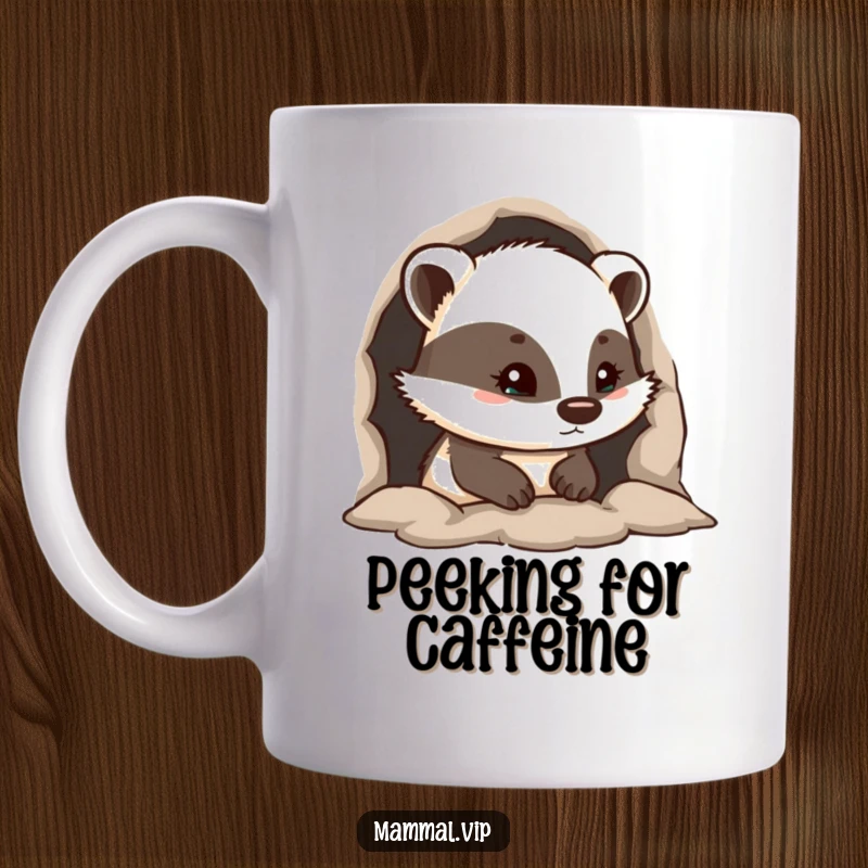 Funny mug featuring a curious badger character peeking out from its cozy burrow entrance, embodying inquisitiveness.