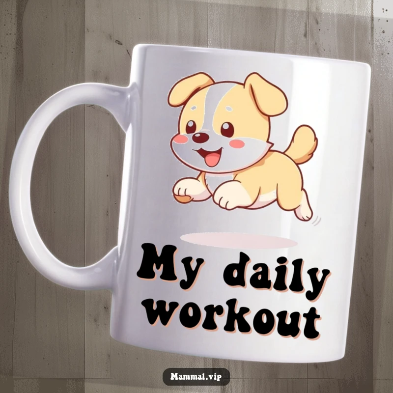 Funny dog chasing tail mug, a playful dog in a circular motion, perfect for coffee lovers with a sense of humor.