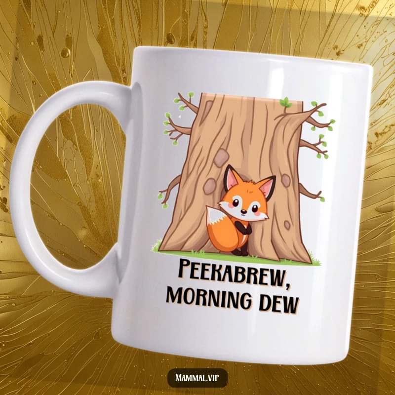 Funny fox kit character curiously peeking from behind a large oak tree, a charming and humorous design for nature enthusiasts.