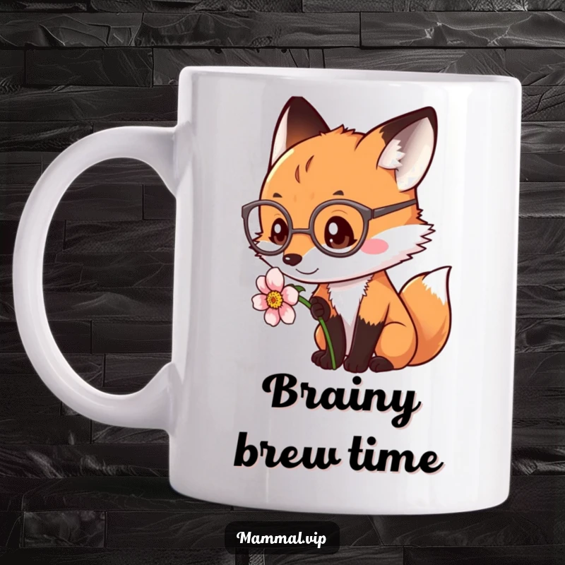 Funny fox wearing spectacles, closely examining a flower, on a mug. A charming and funny gift.