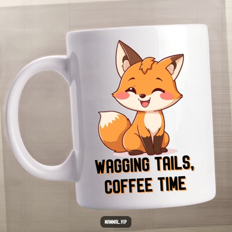 Funny mug featuring a cute fox character with a wide grin, playfully wiggling its bushy tail, celebrating animal charm.