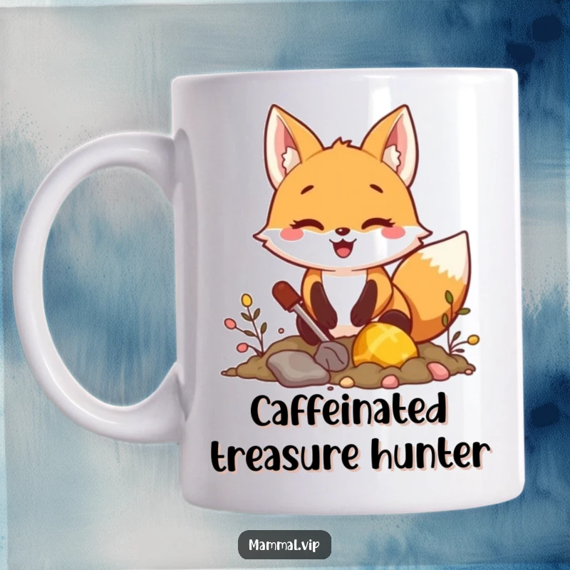 Funny fox digging for treasure mug, showing an excited character on a quest, perfect for adventurers and a funny gift.