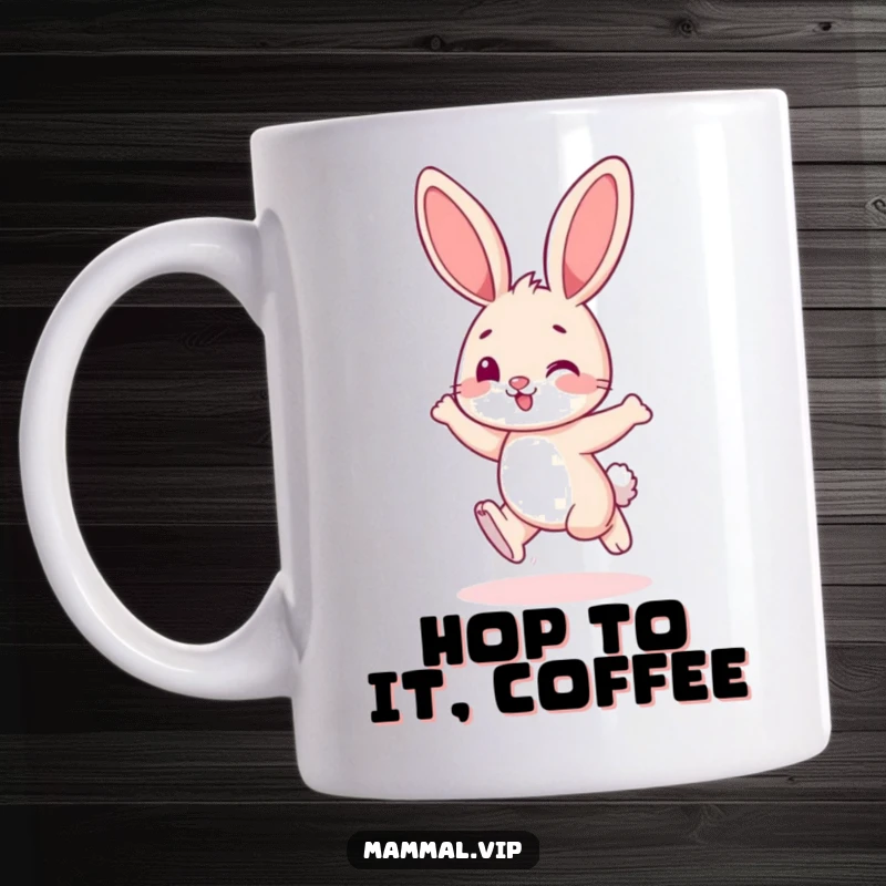 Funny bunny character playfully hopping with energy and a smile, depicted on a mug.