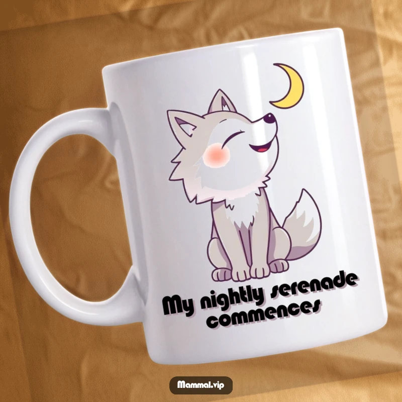 Funny wolf mug featuring a cheerful wolf howling gleefully at a crescent moon, expressing pure joy and wild spirit.