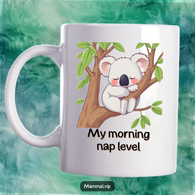 Funny Mug featuring a content koala character peacefully snoozing on a tree branch, embodying ultimate relaxation and serene comfort for screen readers.