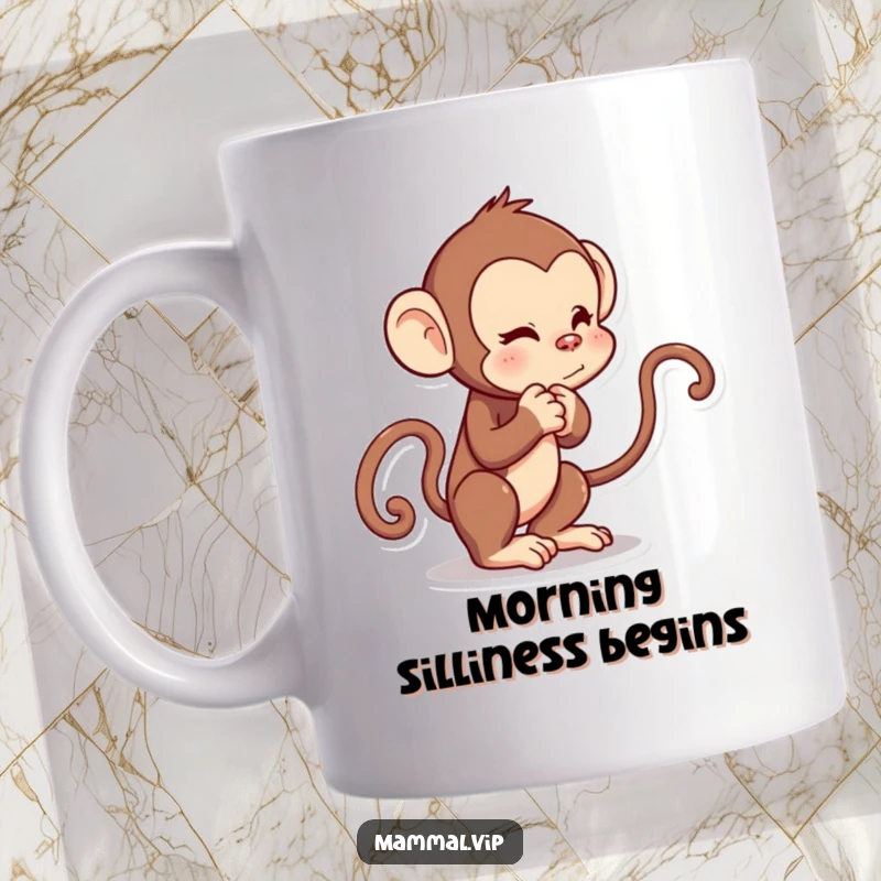Funny mug featuring a curious cartoon monkey character playfully tugging on its own tail with a cheeky grin.