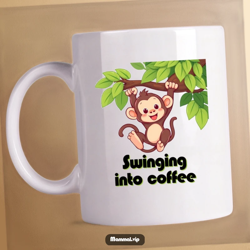 Funny Monkey Swing Mug: A cute monkey playfully swinging from a tree branch with a huge smile. Humorous gift.