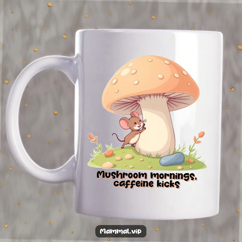 Funny tiny mouse character excitedly exploring a giant mushroom, a whimsical and adventurous design for mug lovers.