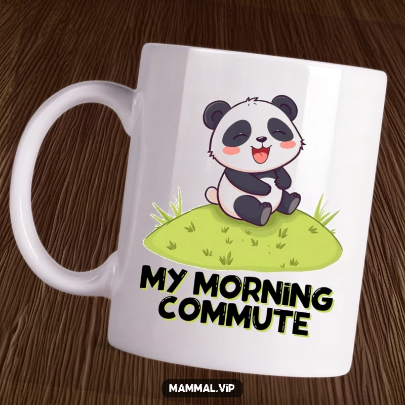 Funny mug featuring a giggling panda character joyfully rolling down a green grassy hill, embodying pure, unadulterated fun.