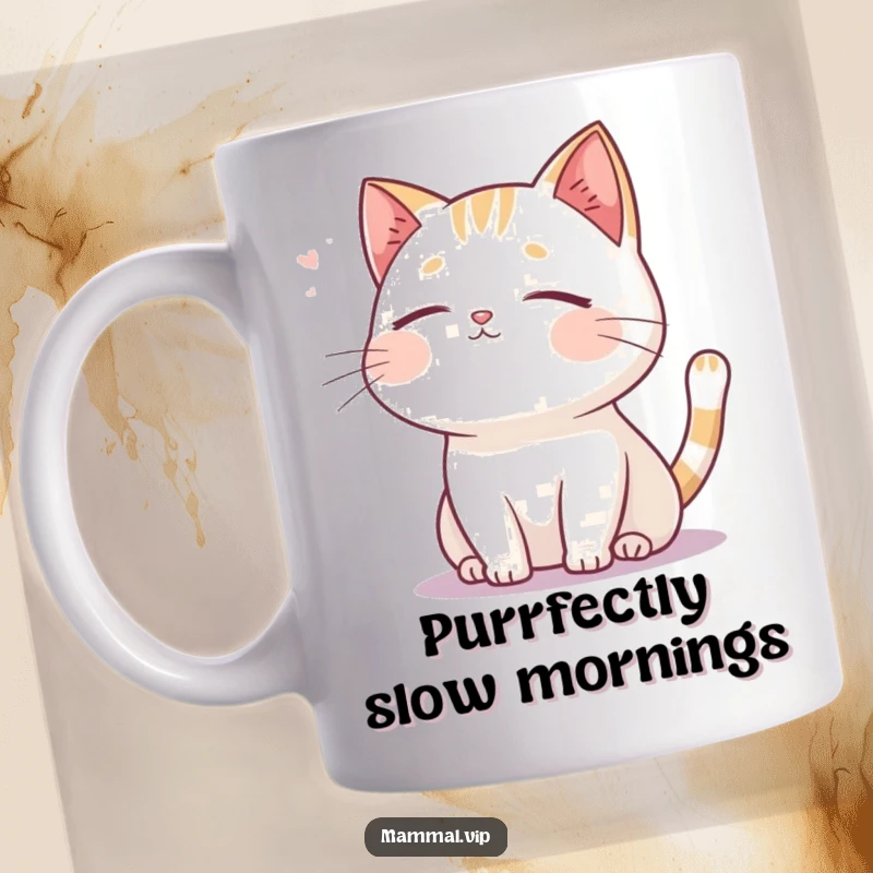 Funny cat mug, a serene cartoon cat with closed eyes, basking peacefully in a gentle, invisible breeze.