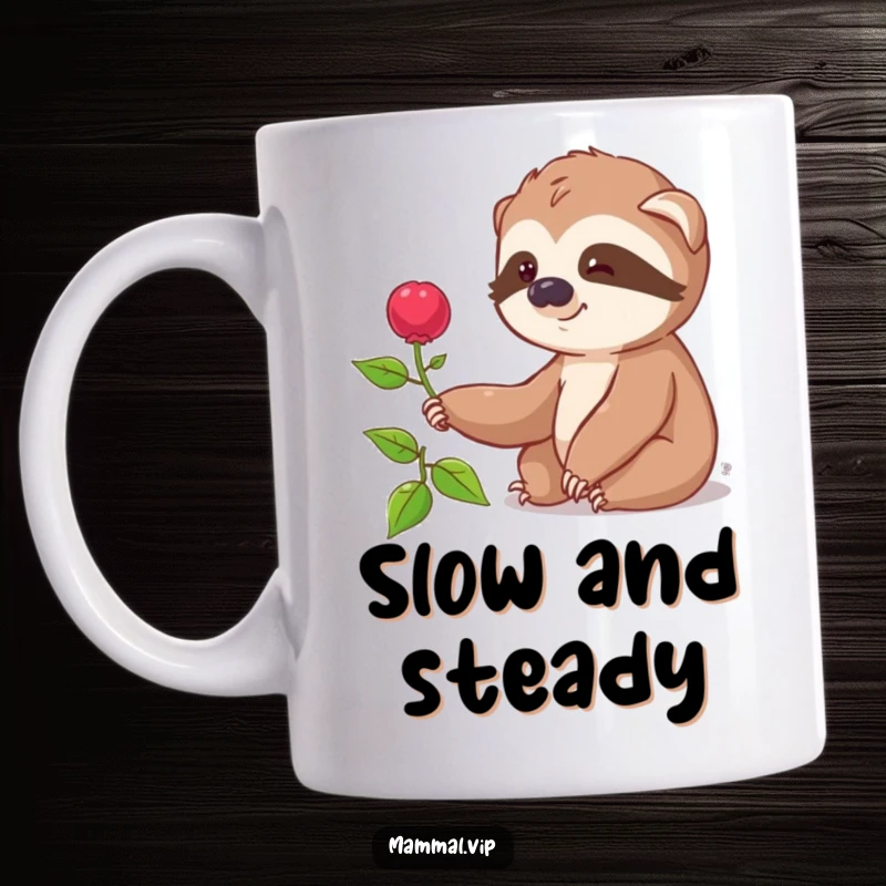 Funny mug with a smiling sloth character slowly extending its arm to reach a distant berry, showcasing patience and humor.