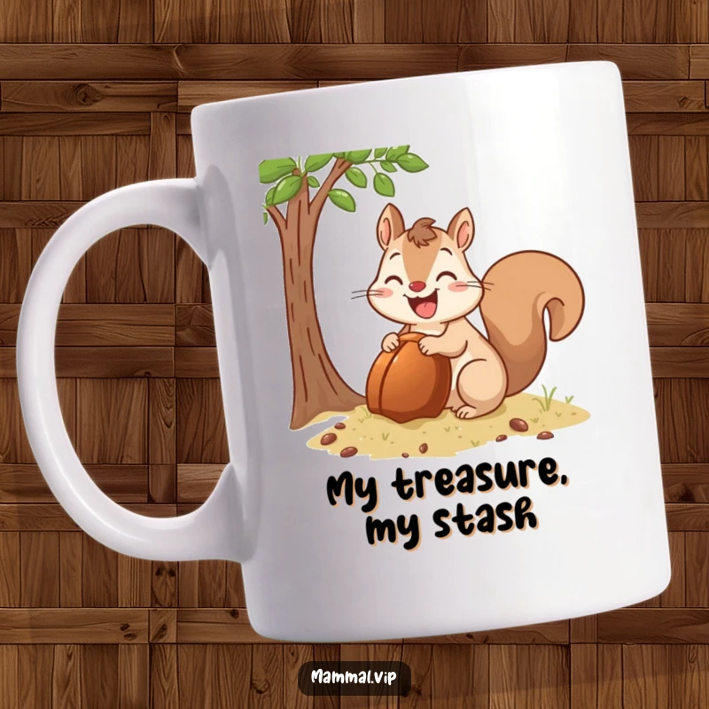 Funny Mug of a happy squirrel character excitedly burying a giant acorn, showcasing its determined and resourceful nature.