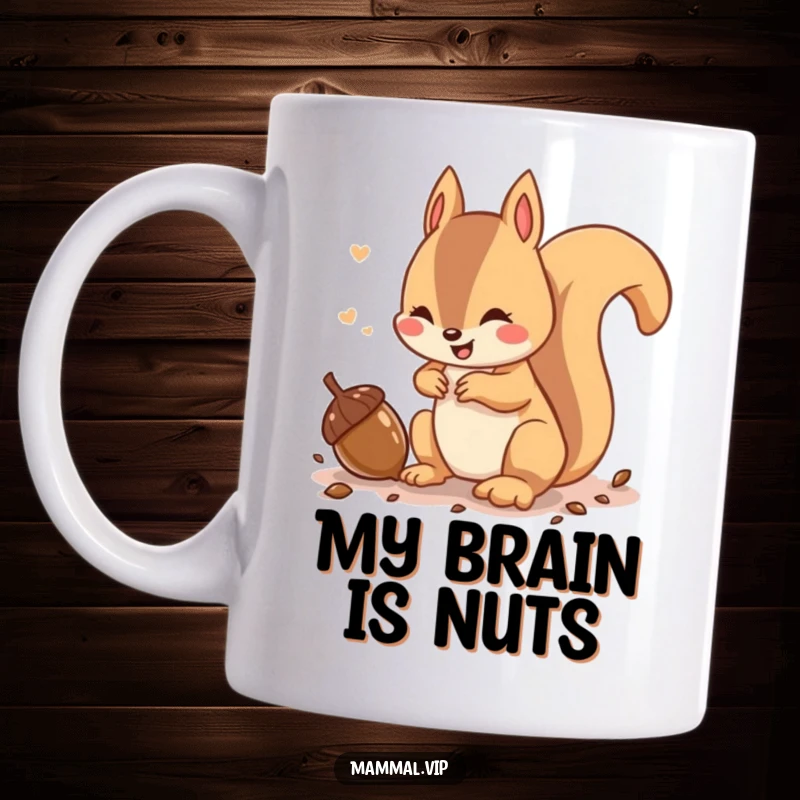 Funny playful squirrel character chattering energetically while burying an acorn in the ground, embodying a busy, treasure-hoarding spirit.