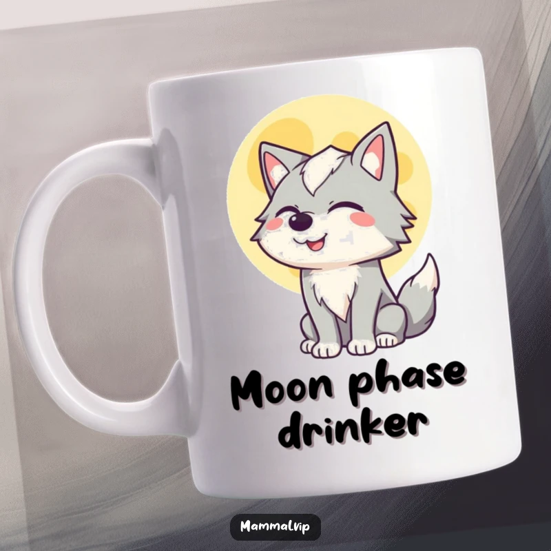 Funny mug featuring a winking wolf character happily howling at a radiant full moon, embodying playful nocturnal joy.