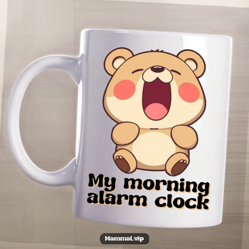 Funny yawning bear mug, a sleepy creature with its mouth wide open, perfect for coffee lovers needing a laugh.