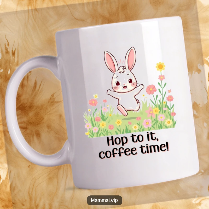 Funny bouncy rabbit character enthusiastically hopping in a vibrant field of flowers, a cheerful and energetic design for any occasion.