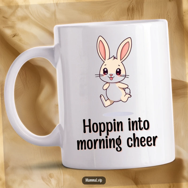 Funny mug featuring a small bunny character with long ears, excitedly hopping on one leg, symbolizing energetic fun.