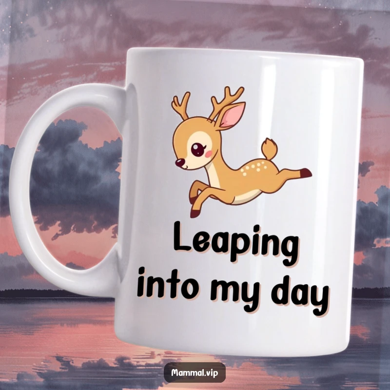 Funny deer mug featuring a charming deer character in mid-air, caught in a hilariously exaggerated graceful leap with a joyful expression.