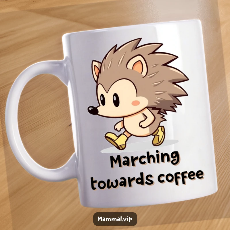 Funny Hedgehog Mug: A determined hedgehog character marches forward resolutely, wearing tiny adorable boots.