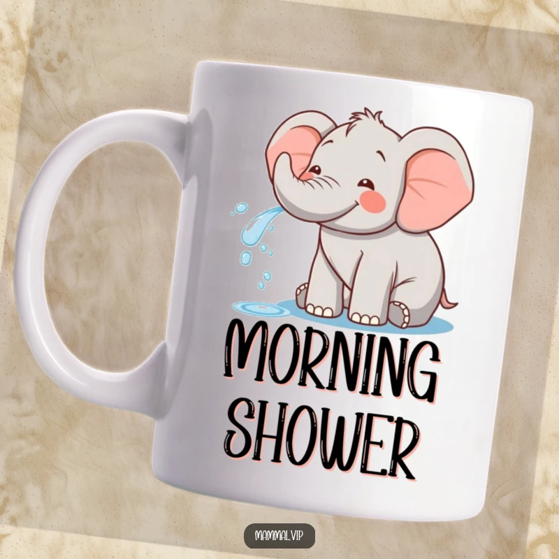 Funny mug featuring a happy elephant character playfully spraying water from its trunk, embodying pure, unadulterated fun and joy.