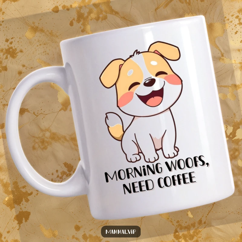 Funny dog mug, a joyful cartoon dog with a wagging tail barking playfully, capturing pure happiness for your morning coffee.