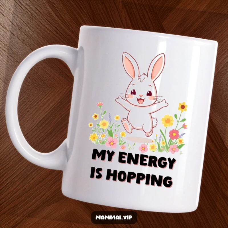 Funny rabbit character enthusiastically hopping through a vibrant field of colorful flowers, embodying pure joy and energy.