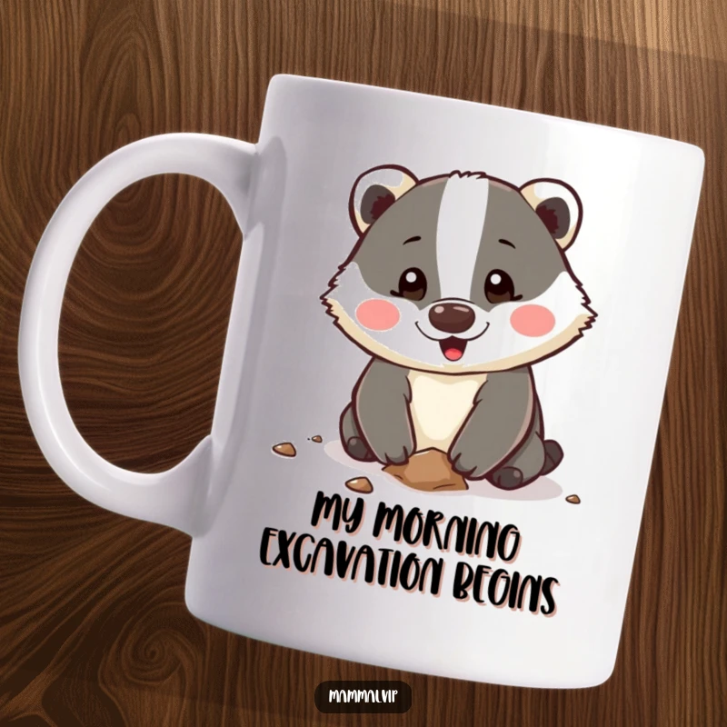 Funny Mug featuring a happy badger character energetically digging with its paws, conveying a sense of purpose and joyful determination for screen readers.
