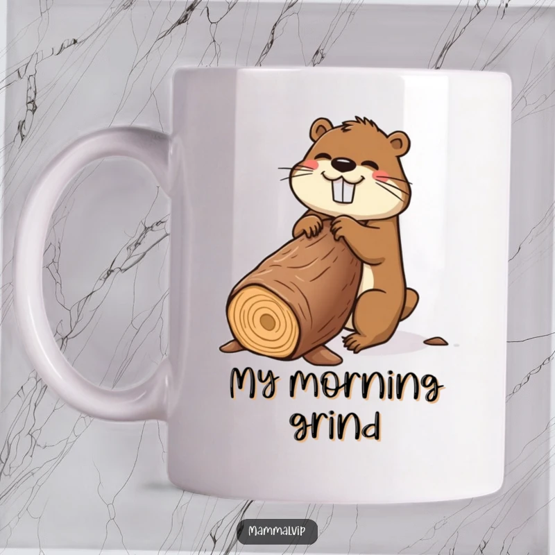 Funny beaver mug featuring a happy cartoon beaver enthusiastically gnawing a huge log, perfect for cheerful gift seekers.