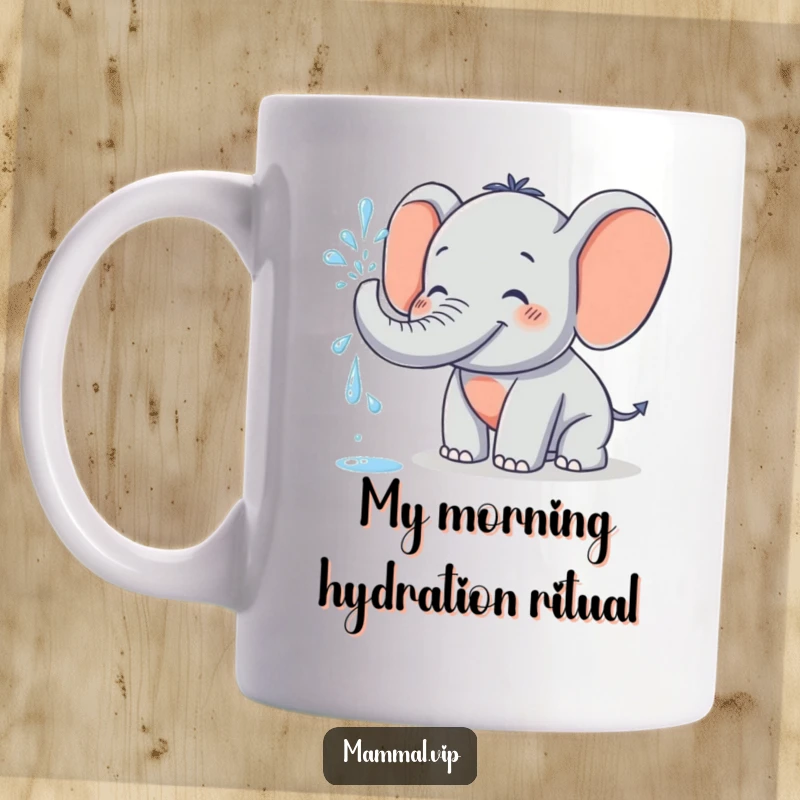 Funny Mug featuring a grinning elephant character playfully spraying water from its trunk, embodying pure, unadulterated fun and a joyful spirit.