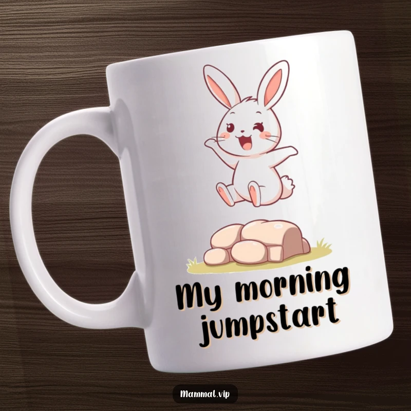 Funny Mug featuring a bouncy rabbit character joyfully leaping over a tiny obstacle, radiating pure excitement and playful energy.