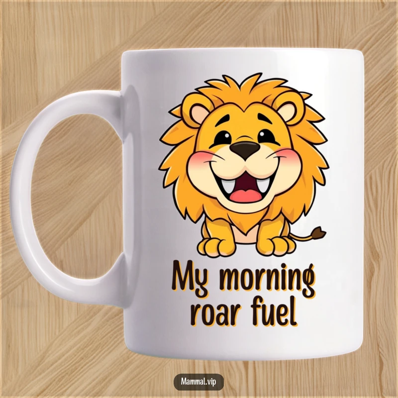 Funny mug featuring a happy lion character roaring with a wide, toothy grin, embodying pure, infectious, and roaring joy.