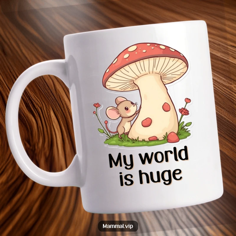 Funny tiny mouse character excitedly exploring the cap of a giant, colorful mushroom, embodying wonder and small-scale adventure.