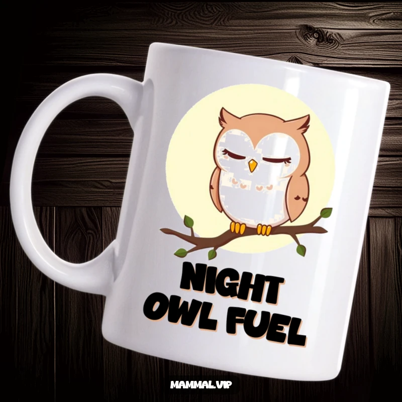Funny Owl Mug: A sly winking owl perches on a moonlit branch, sharing a secret chuckle, perfect for nighttime humor lovers.