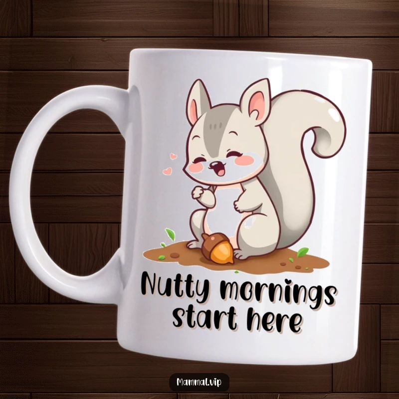 Funny squirrel mug with a happy character chattering and burying an acorn, illustrating playful hoarding and forest fun.