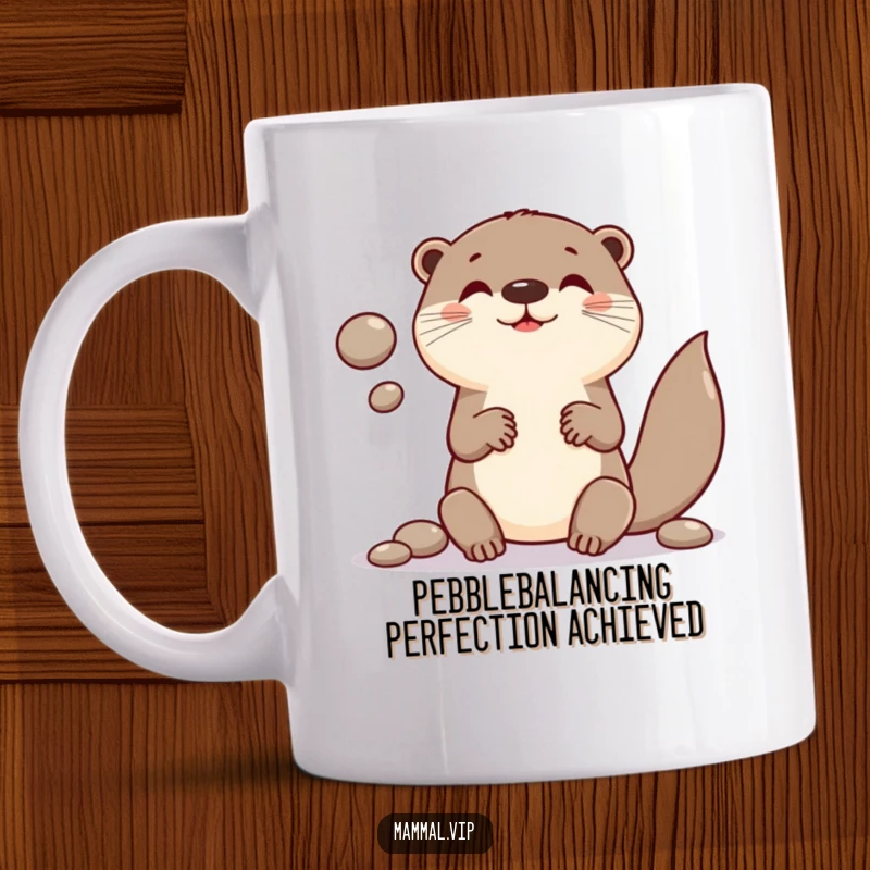 Funny mug featuring a joyful otter character enthusiastically juggling smooth, round pebbles with impressive dexterity.