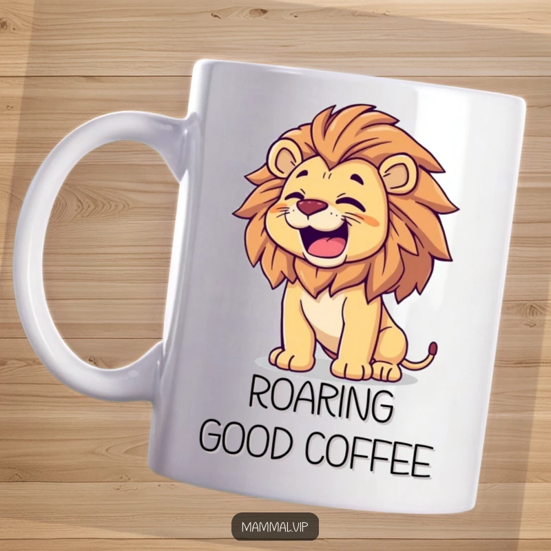 Funny Lion Mug: A proud lion joyfully roars, shaking its magnificent mane, radiating happiness and strength for all to see.
