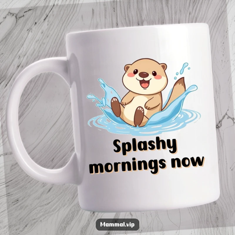 Funny happy otter character sliding down a water splash on a mug, full of playful energy.
