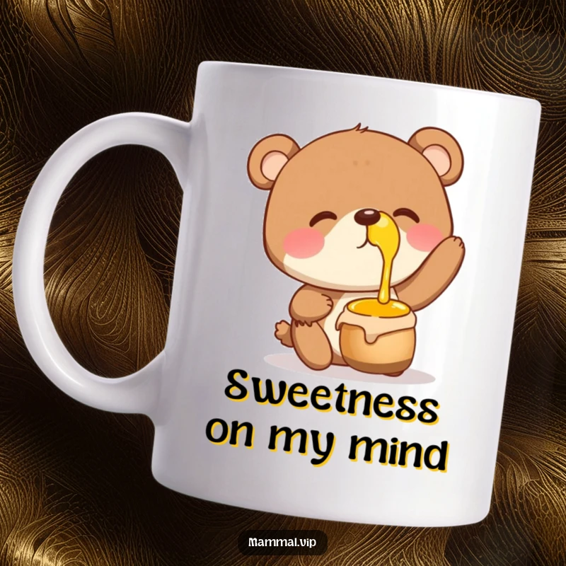 Funny Mug of a giggling bear character precariously balancing a honey pot on its nose, showcasing playful clumsiness.