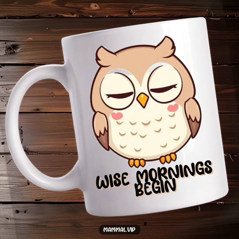 Funny mug featuring a round, wise cartoon owl character slowly blinking, conveying intelligence and calm.