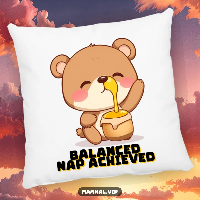 Funny Pillow depicting a giggling bear character with a honey pot balanced on its nose, bringing comfort and smiles.