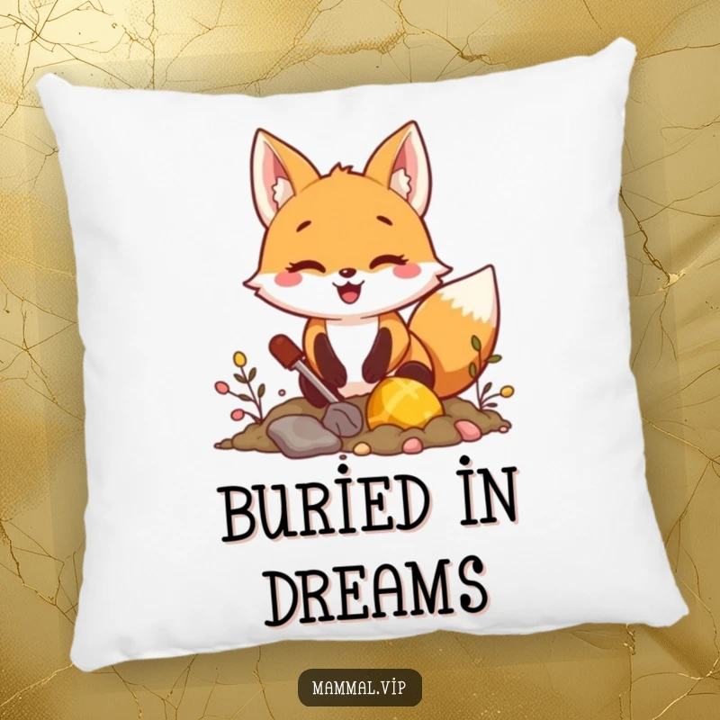 Funny fox digging for treasure pillow, depicting an excited character on a quest for riches, adds cozy charm and is a funny gift.